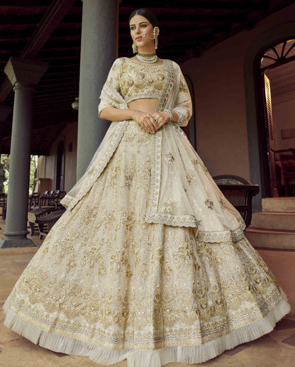 Off white georgette sequence and zari work bridal lehenga choli