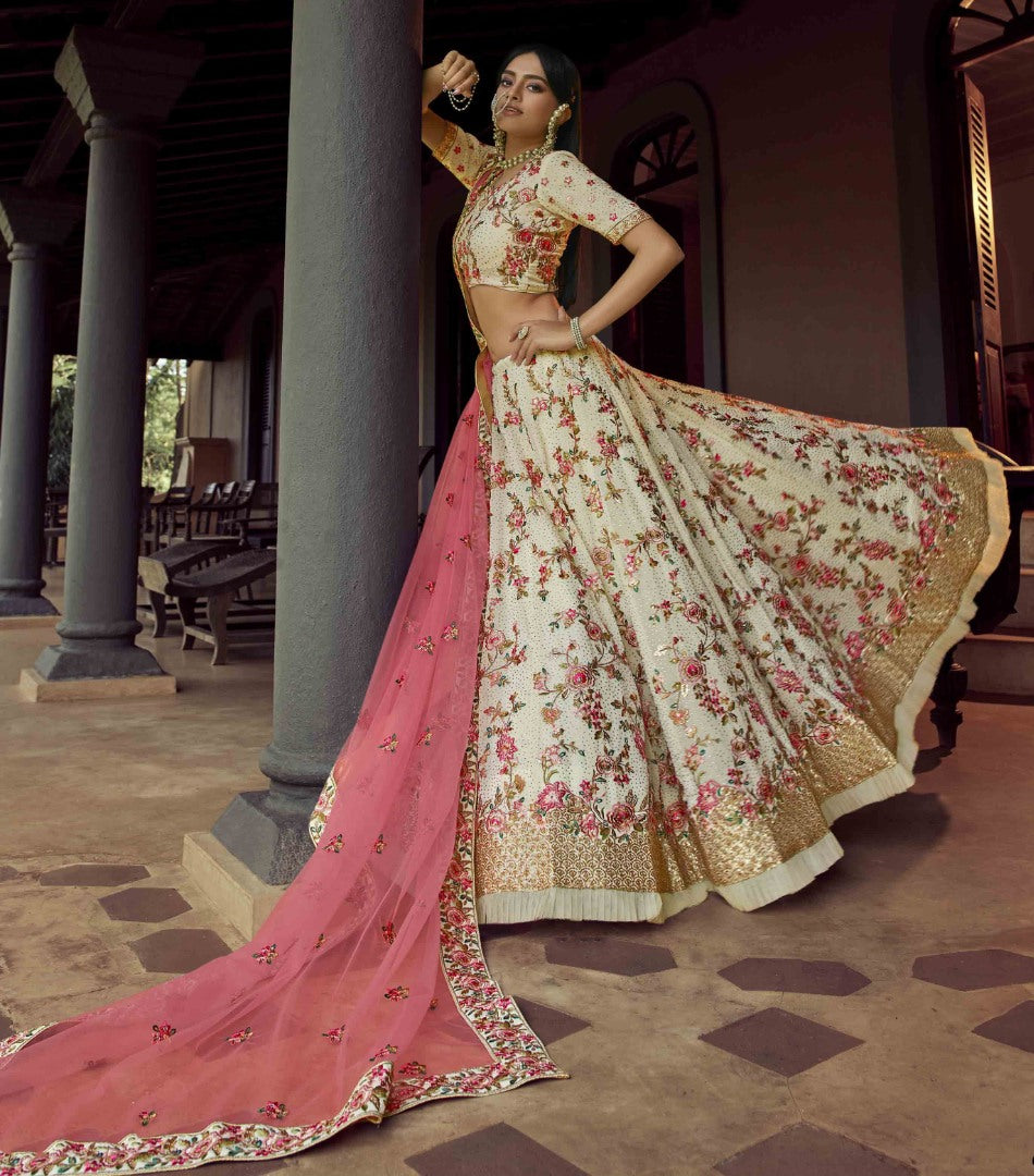 Off white georgette sequence and zari work bridal lehenga choli