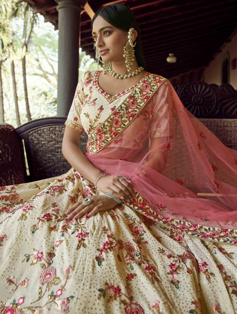 Off white georgette sequence and zari work bridal lehenga choli