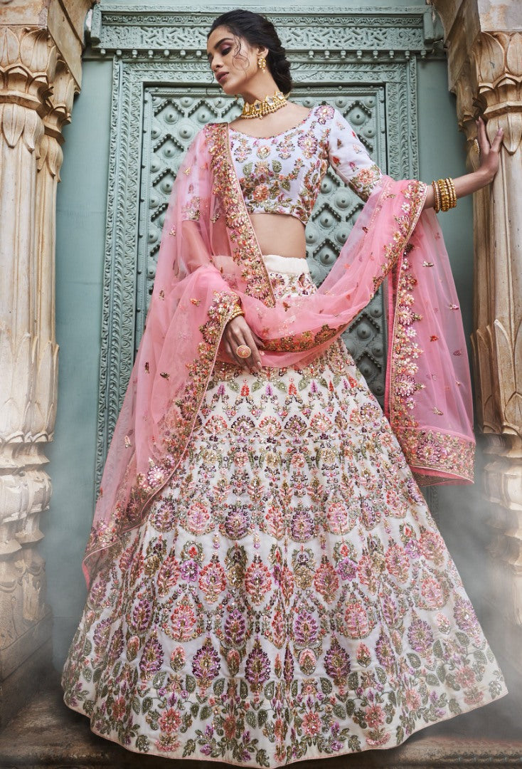 Off white georgette thread work bridal lehenga choli