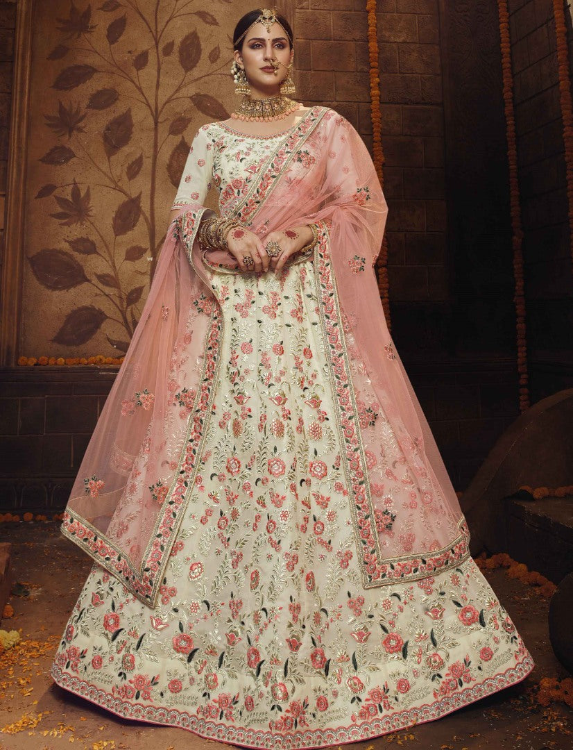 Off white georgette zarkan thread work bridal lehenga choli