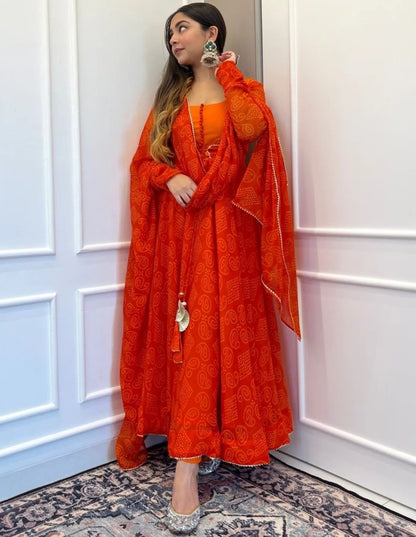 Orange bandhni printed anarkali suit