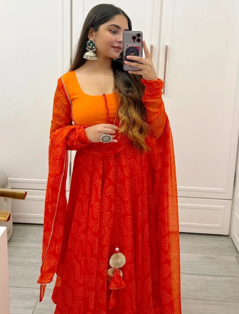 Orange bandhni printed anarkali suit