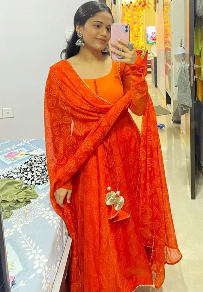 Orange bandhni printed anarkali suit