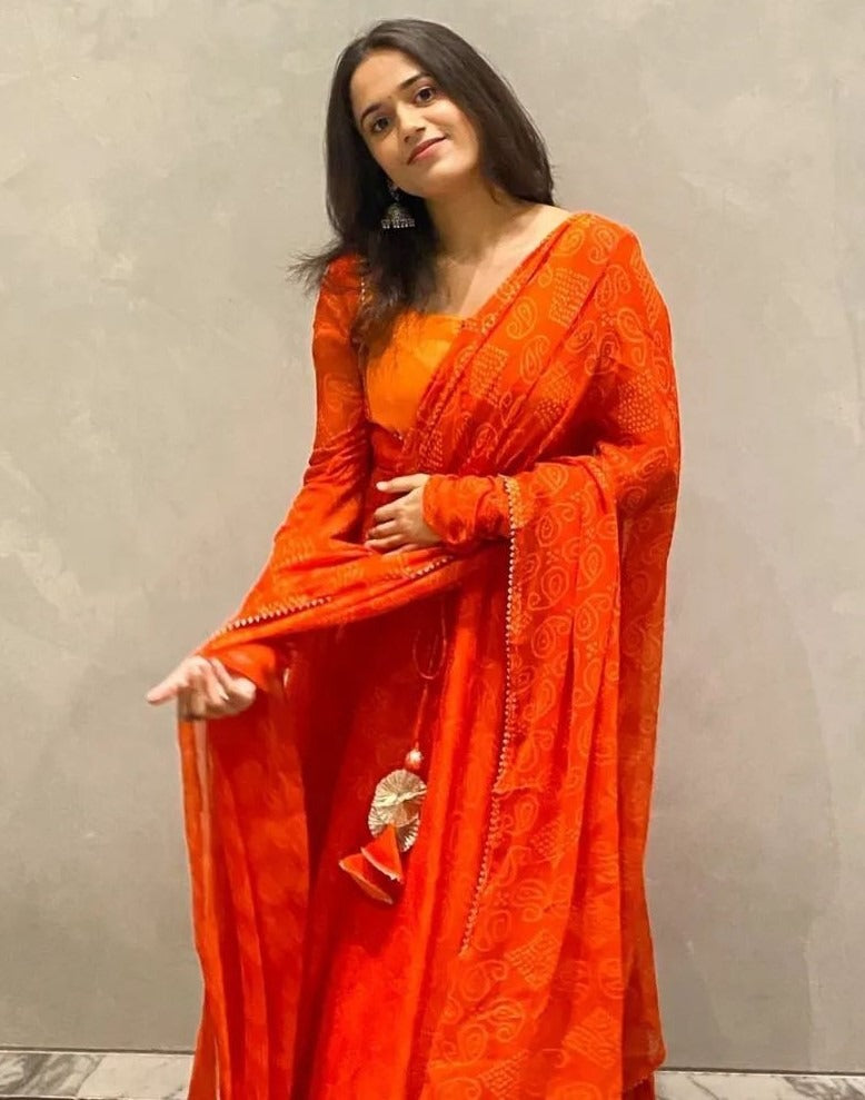 Orange bandhni printed anarkali suit