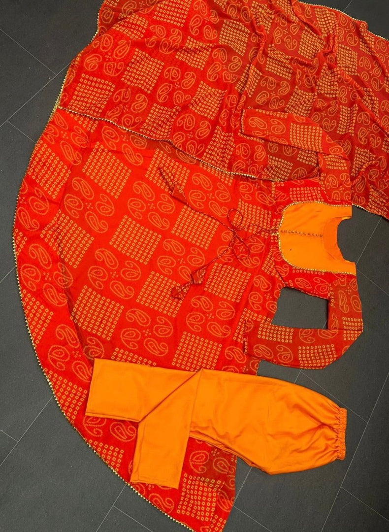 Orange bandhni printed anarkali suit