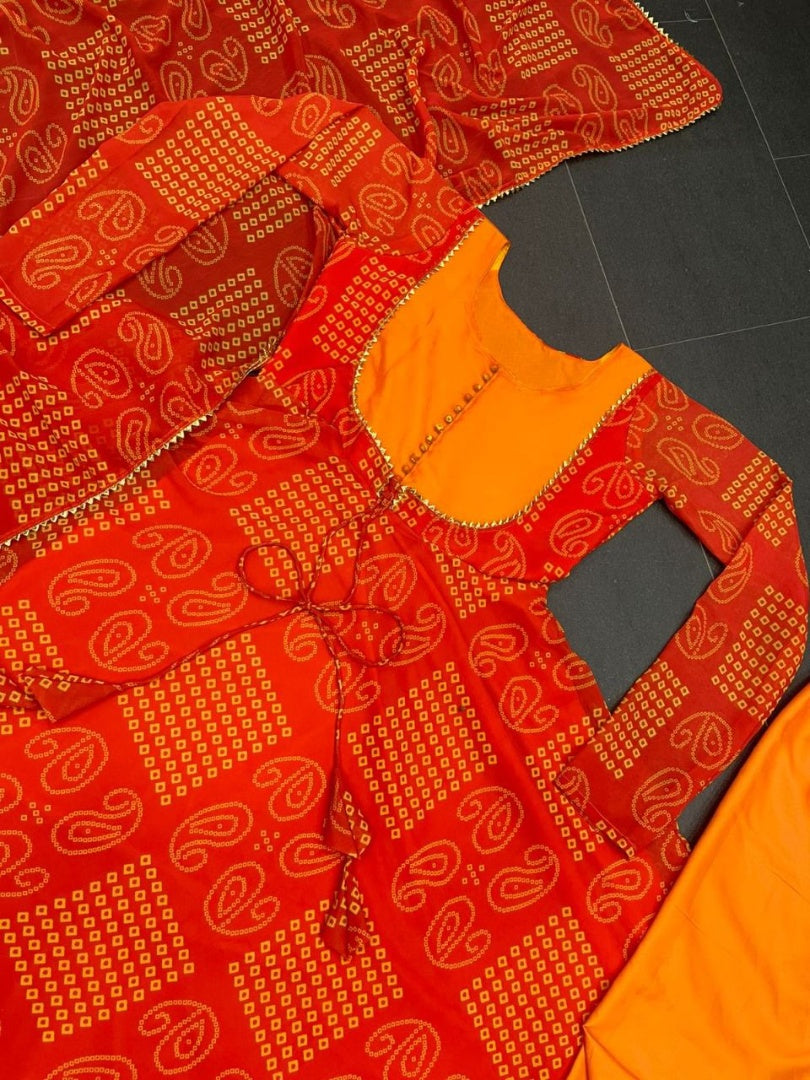 Orange bandhni printed anarkali suit