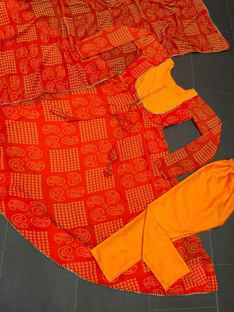 Orange bandhni printed anarkali suit