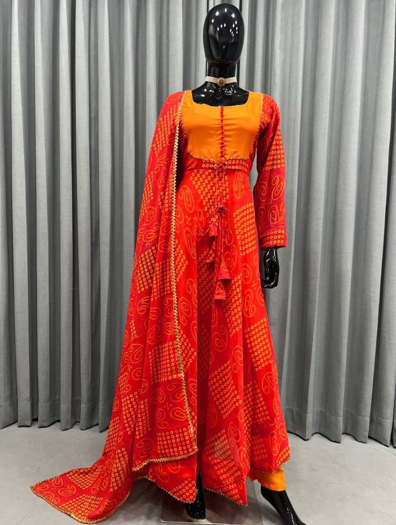 Orange bandhni printed anarkali suit