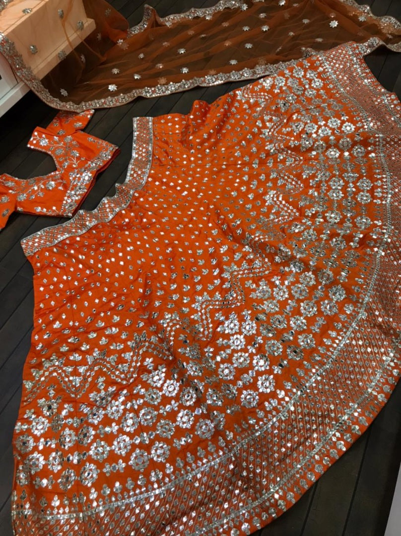 Orange banglori satin silk paper mirror work wedding lehenga choli