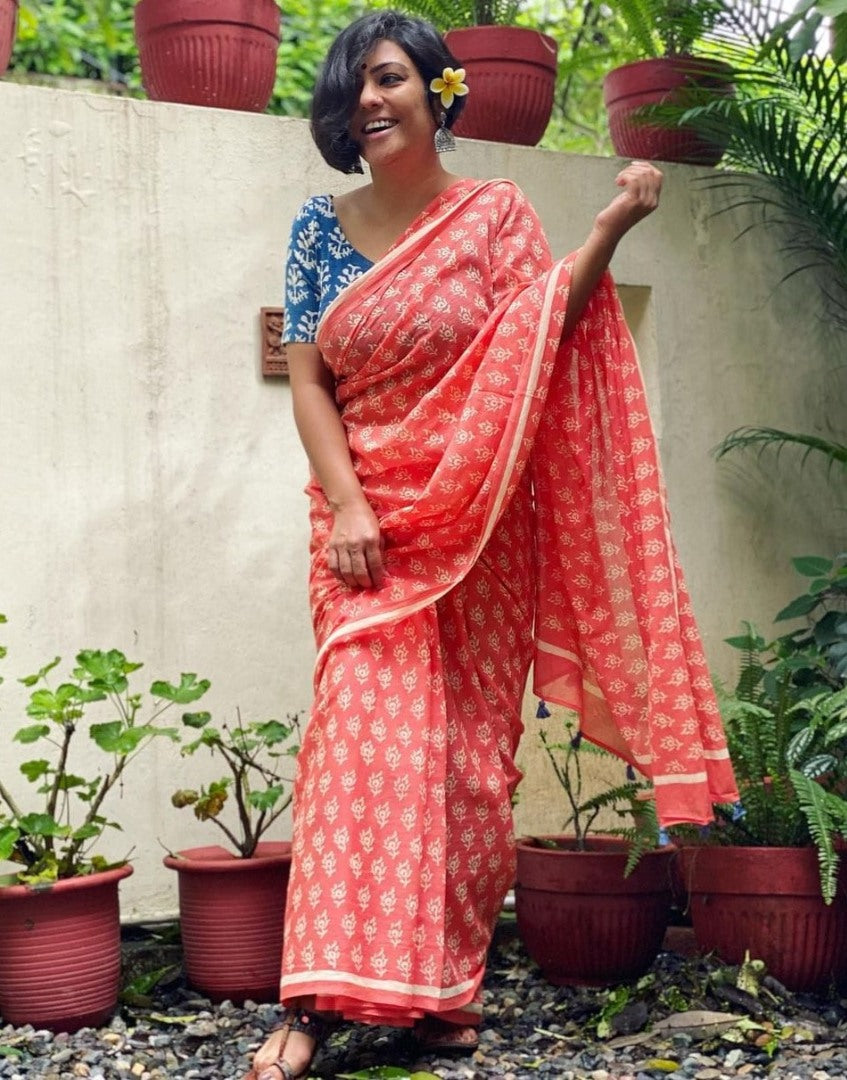 Orange chanderi cotton printed saree