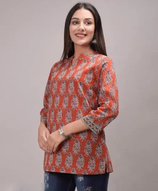 Orange cotton printed short kurti