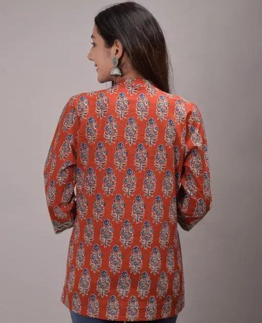 Orange cotton printed short kurti