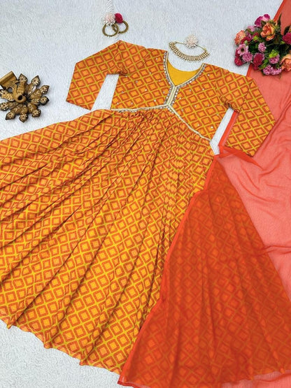 Orange georgette print and handwork alia cut kurti
