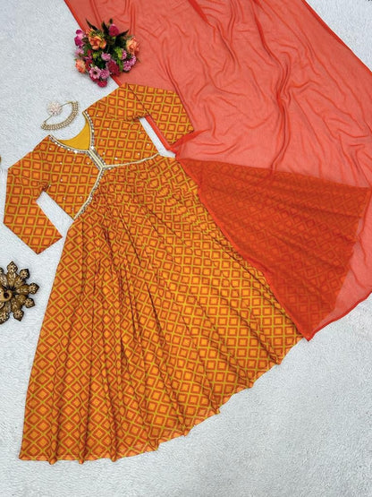 Orange georgette print and handwork alia cut kurti