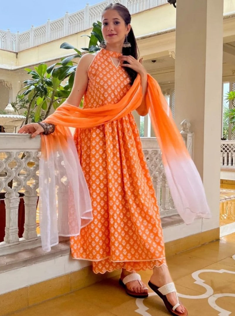 Orange georgette printed anarkali suit