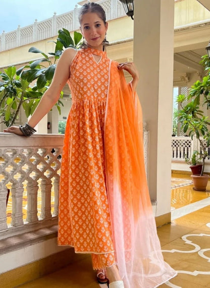 Orange georgette printed anarkali suit