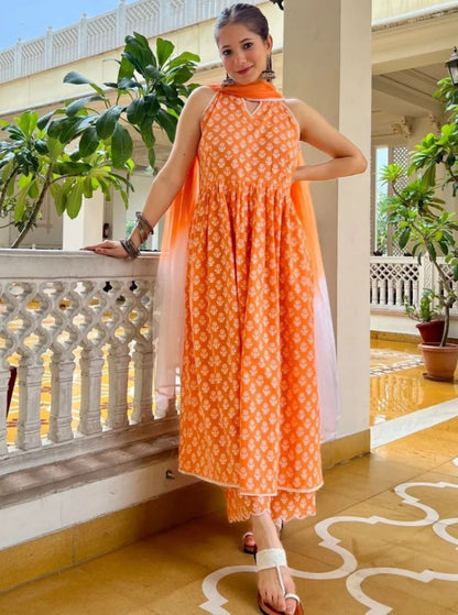 Orange georgette printed anarkali suit