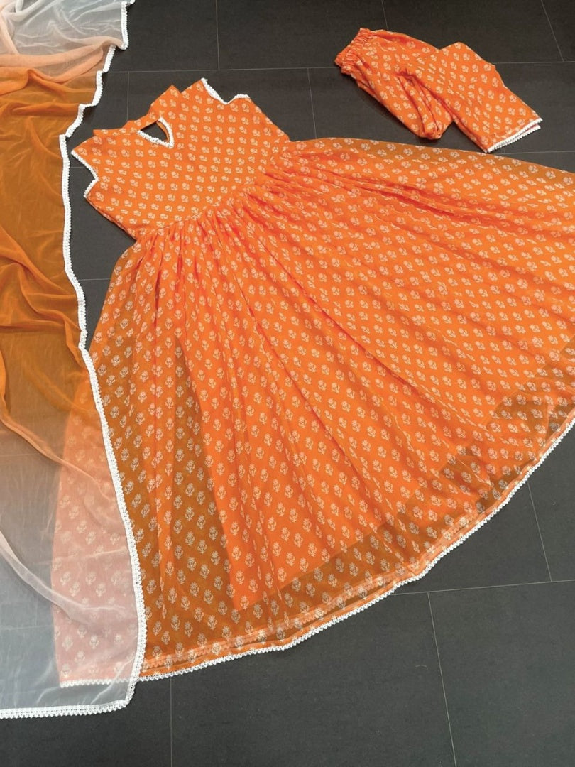 Orange georgette printed anarkali suit