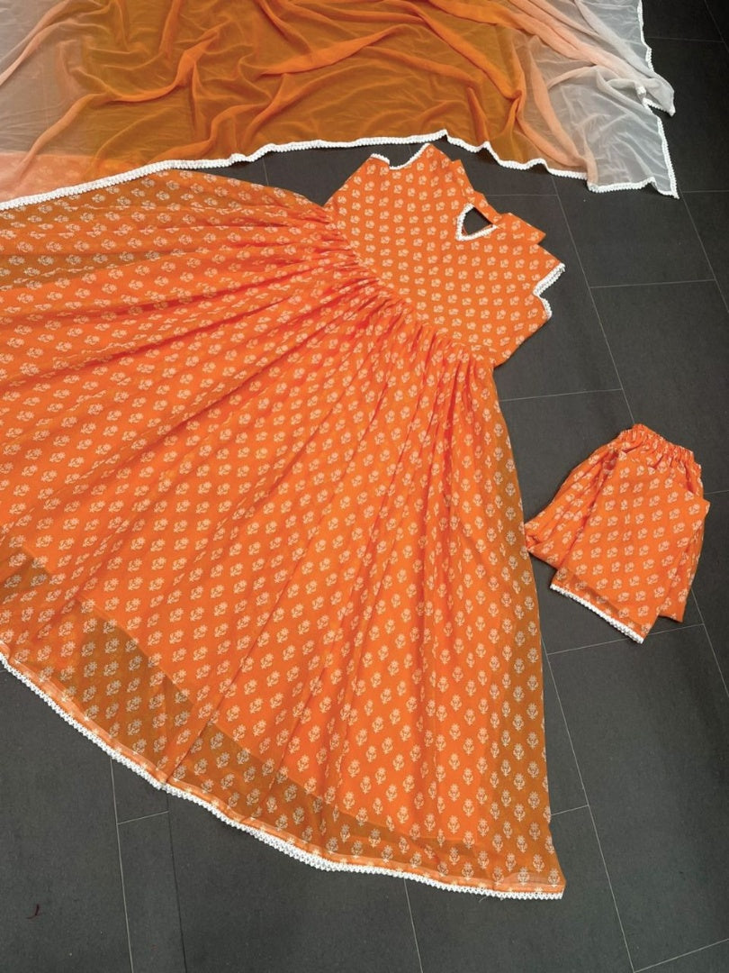 Orange georgette printed anarkali suit