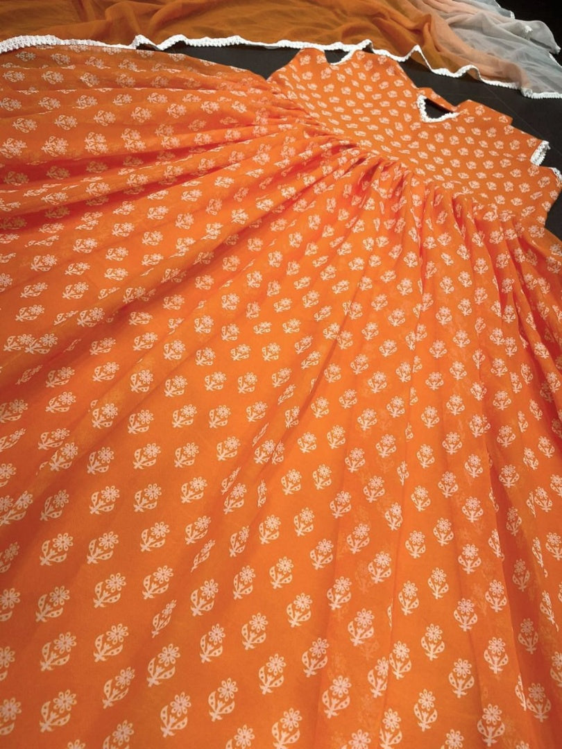 Orange georgette printed anarkali suit