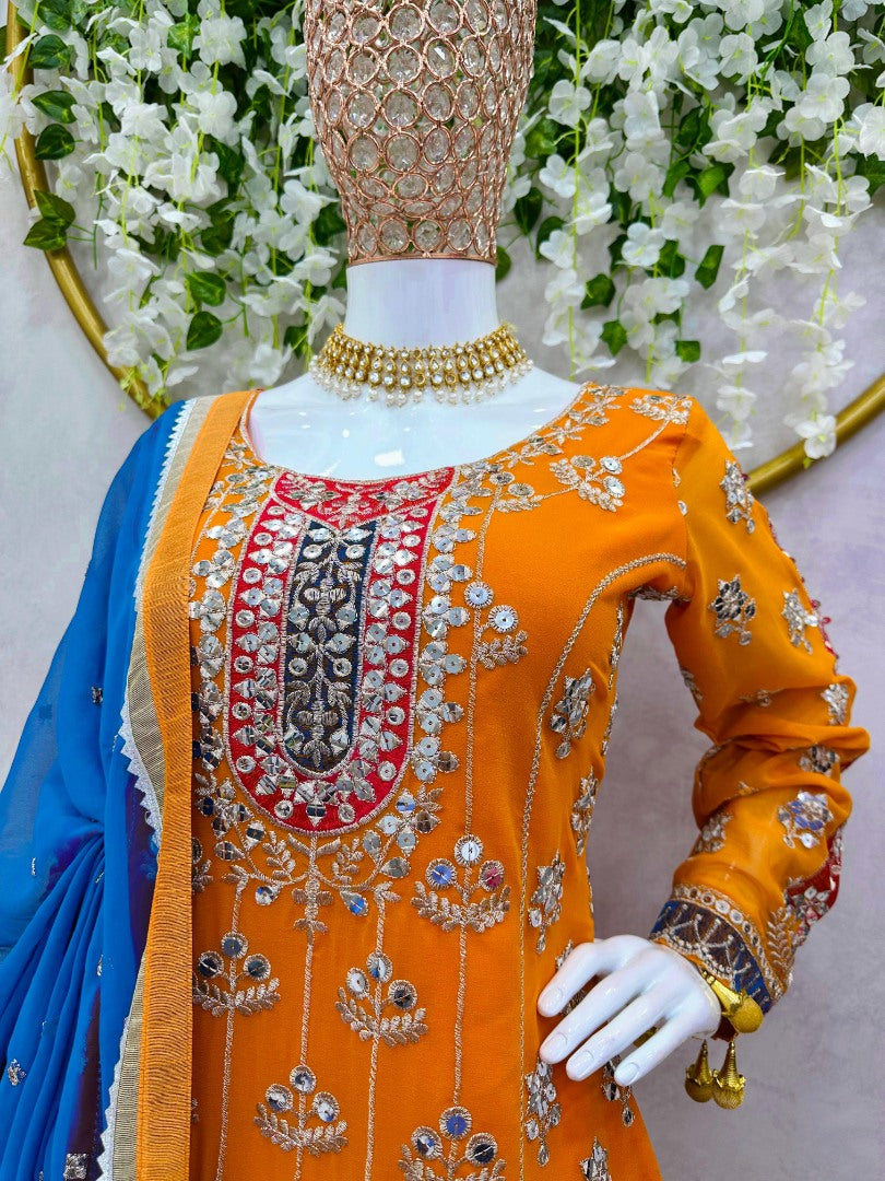 Orange heavy work designer wedding sharara suit