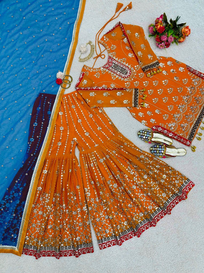 Orange heavy work designer wedding sharara suit