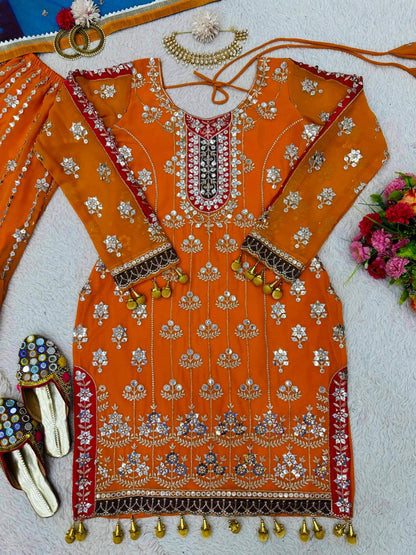 Orange heavy work designer wedding sharara suit