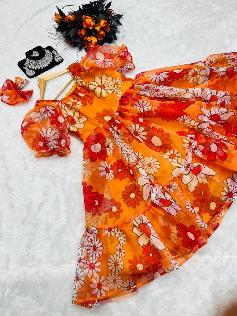 Orange organza floral printed ruffle stitched frock kurti