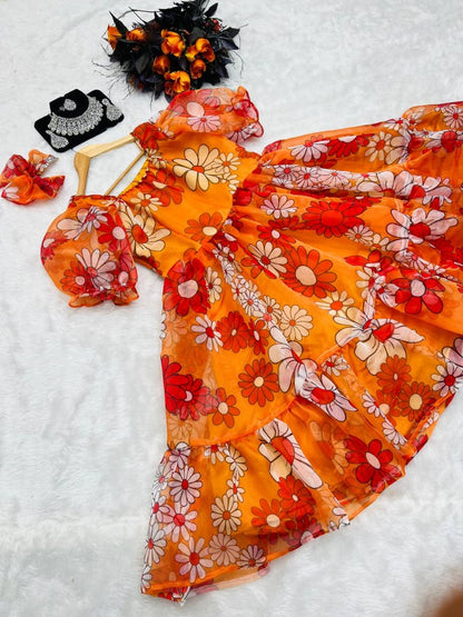 Orange organza floral printed ruffle stitched frock kurti