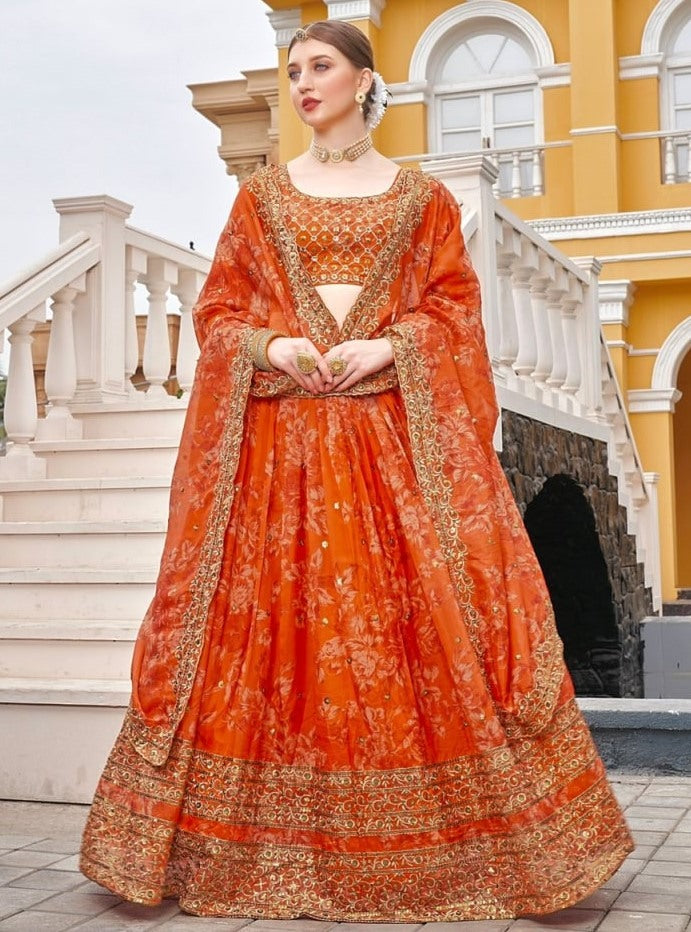 Orange organza heavy embroidered sequence work wedding lehenga choli