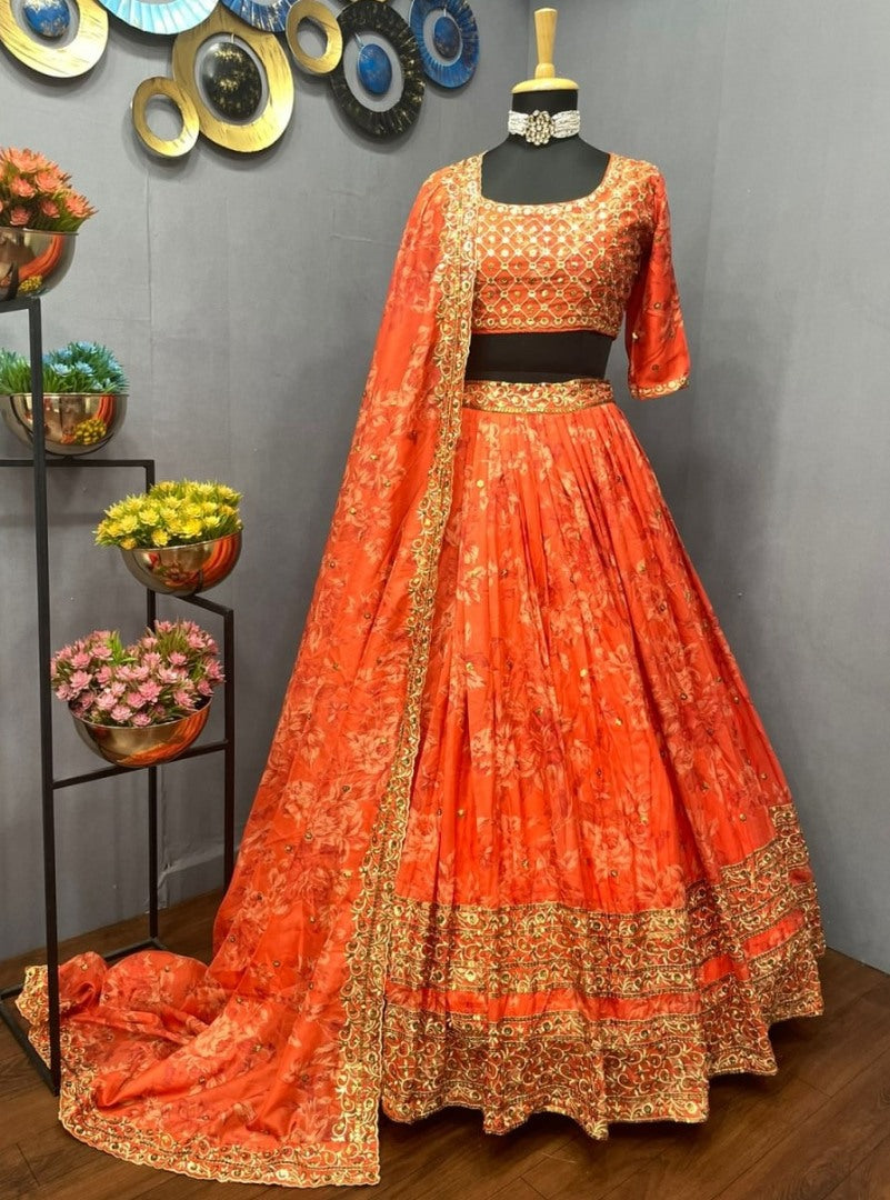 Orange organza heavy embroidered sequence work wedding lehenga choli