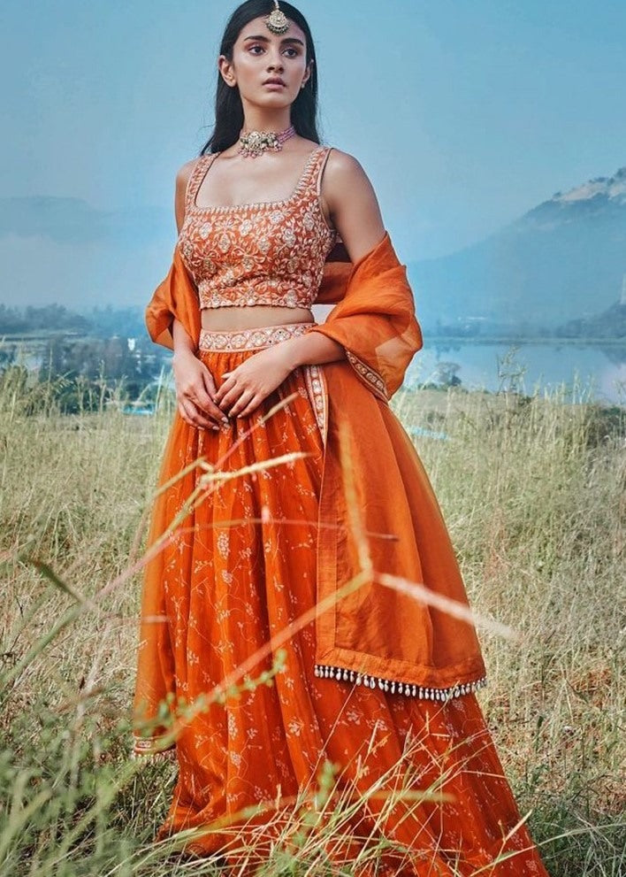 Orange organza printed and embroidered lehenga choli