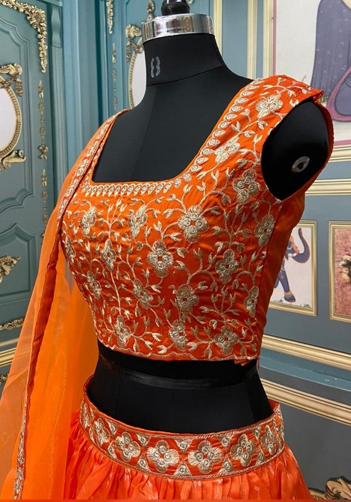 Orange organza printed and embroidered lehenga choli