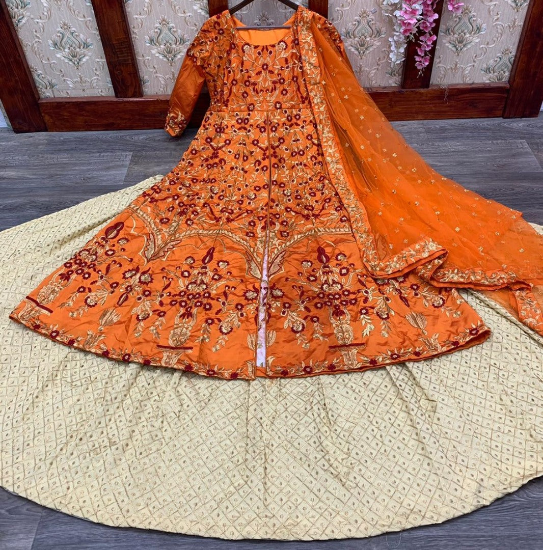 Orange taffeta silk satin embroidered gown lehenga