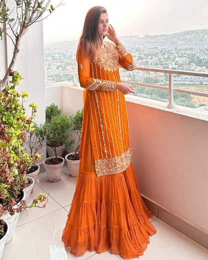 Orange thread sequence work sharara suit