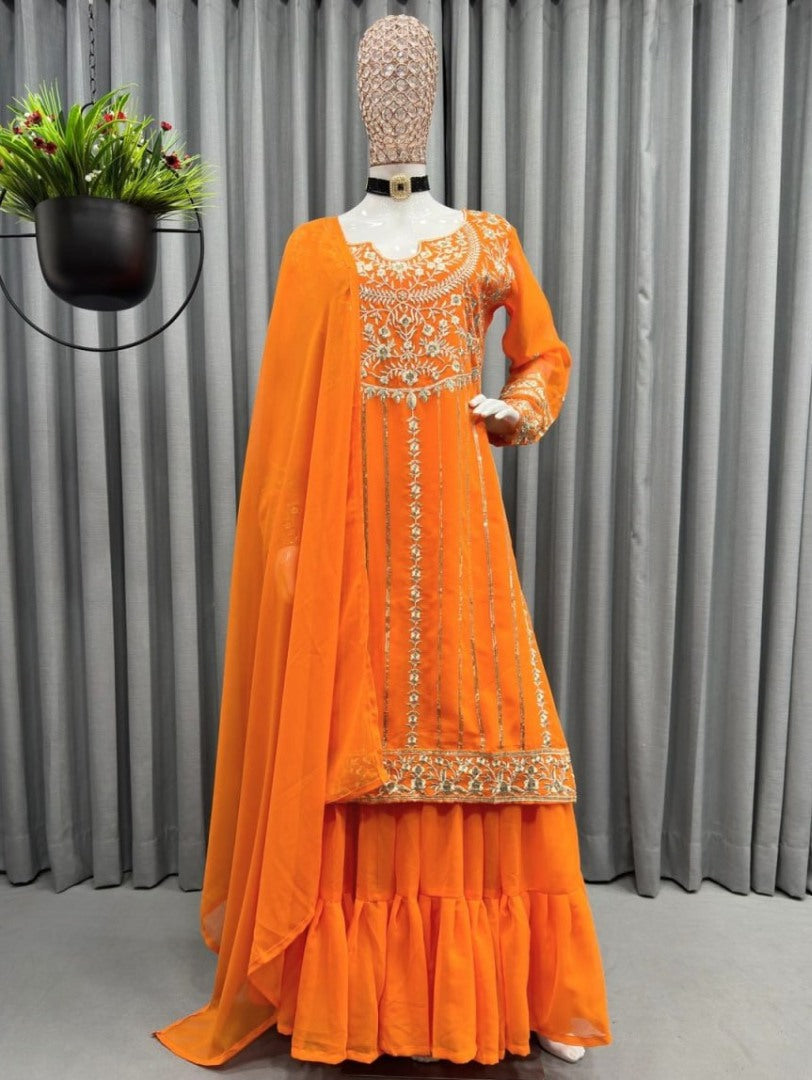 Orange thread sequence work sharara suit