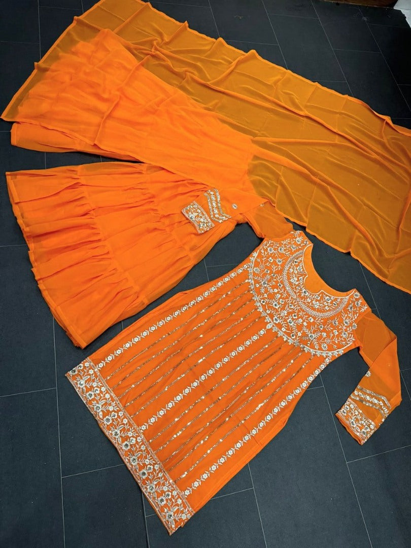 Orange thread sequence work sharara suit