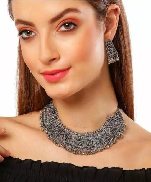 Oxidised alloy silver stylish necklace and earrings