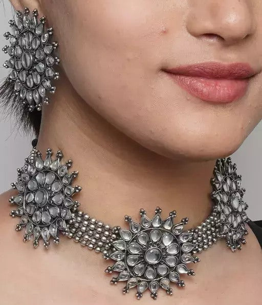 Oxidised german silver kundan jewellery set