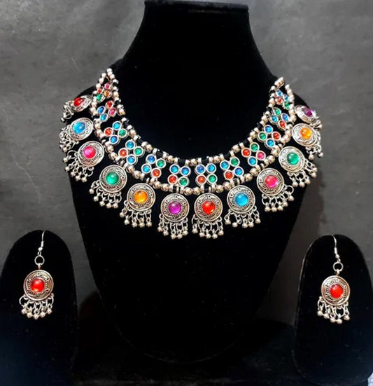 Oxidised Silver Artificial Stones Jewellery Set