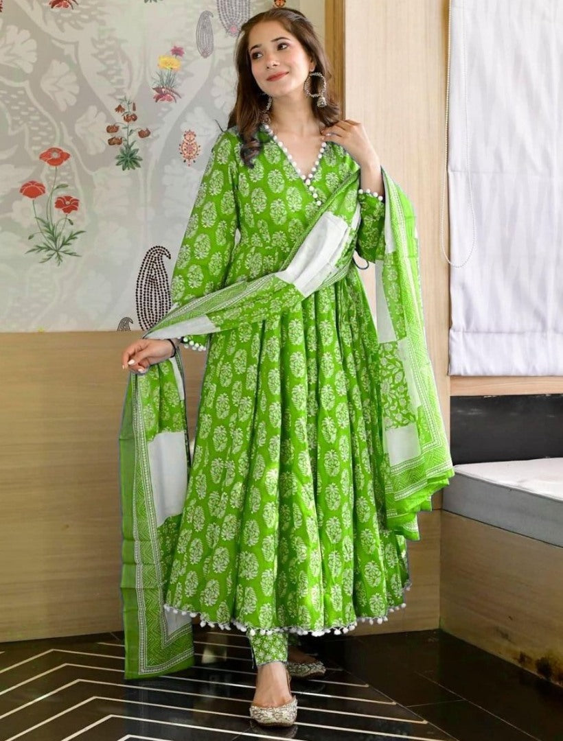 Parrot green butter silk digial printed anarkali suit