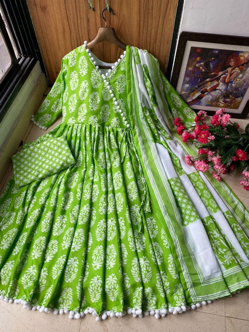 Parrot green butter silk digial printed anarkali suit