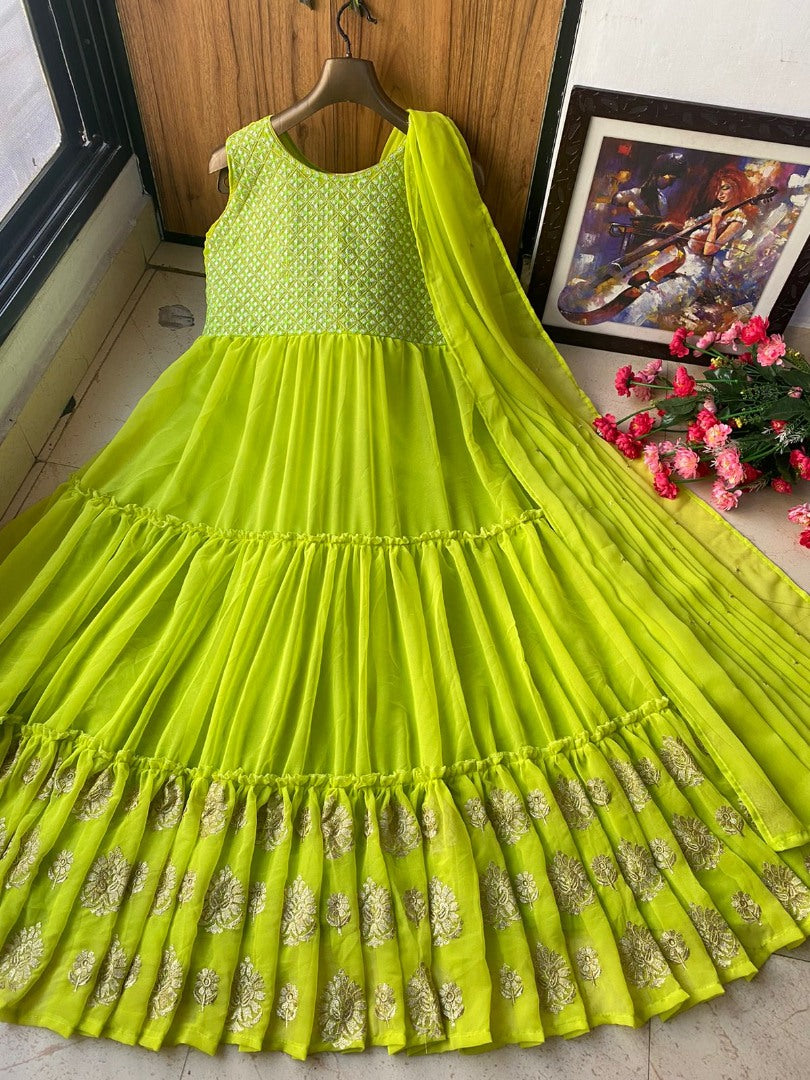 Parrot green georgette long gown