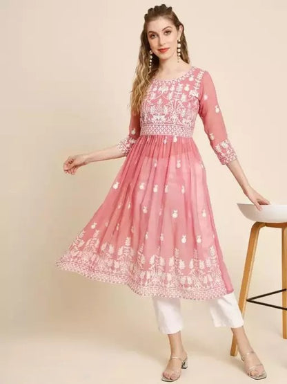 Peach chikankari work fancy kurti