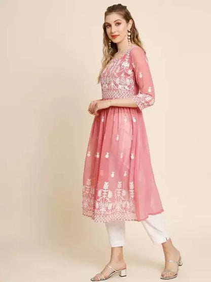 Peach chikankari work fancy kurti