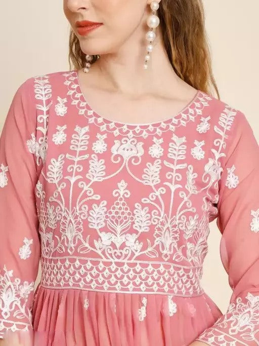 Peach chikankari work fancy kurti