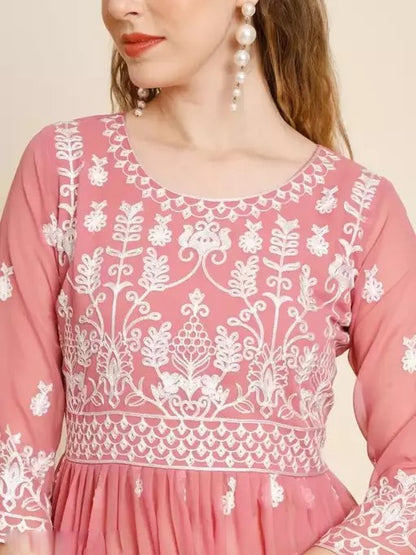 Peach chikankari work fancy kurti