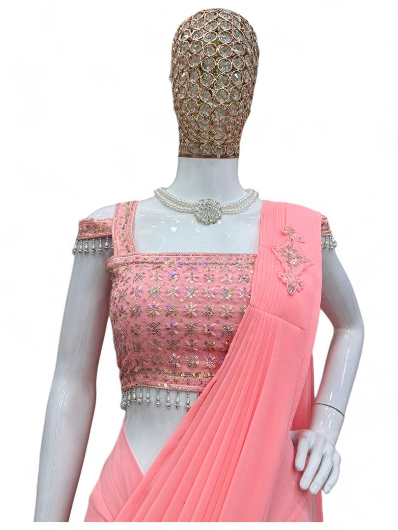 Peach designer stylish ready to wear saree for farewell parties