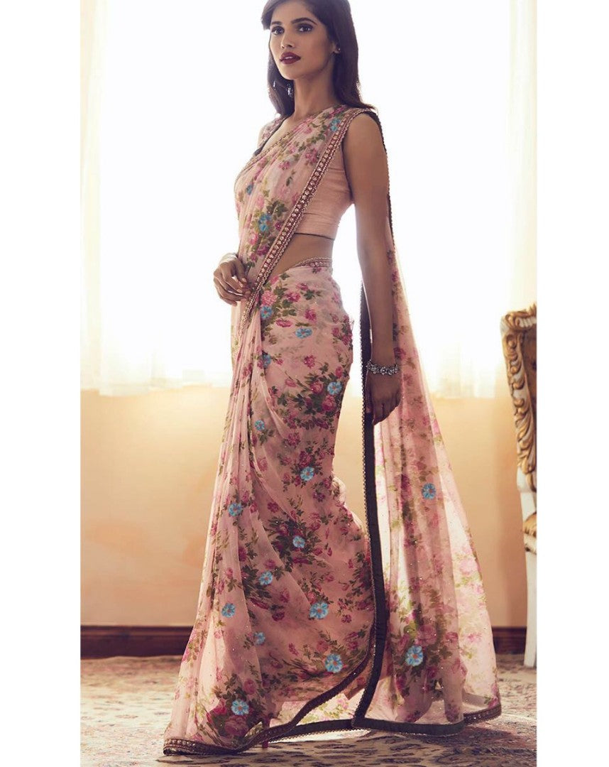 peach floral digital printed georgette stone work saree